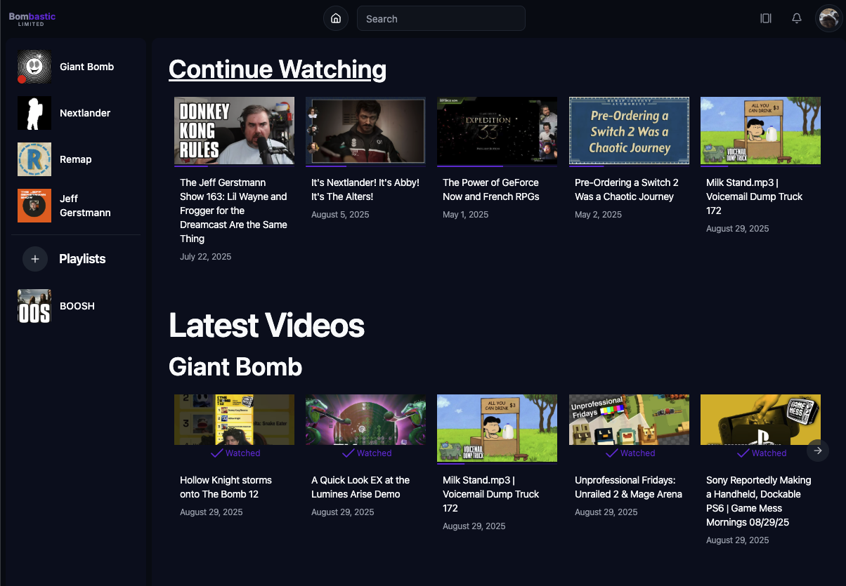 Screenshot of the Continue Watching section of the home page where videos are displayed that are in progress. The section below it, Giant Bomb, displays videos that have been marked as 'Watched'