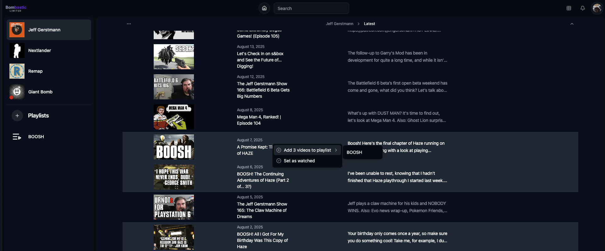 Screenshot of adding videos of the game Haze to a playlist named BOOSH