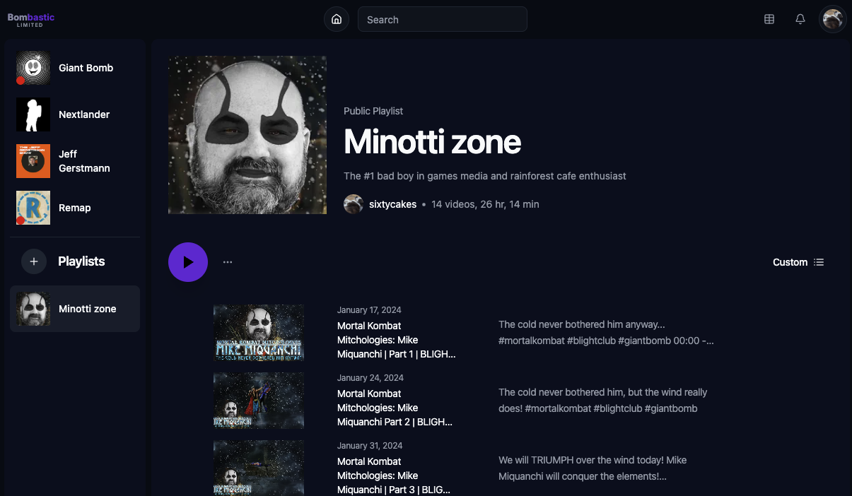 Screenshot of a playlist titled 'Minotti zone' with videos of gaming's number #1 bad boy Mike Minotti