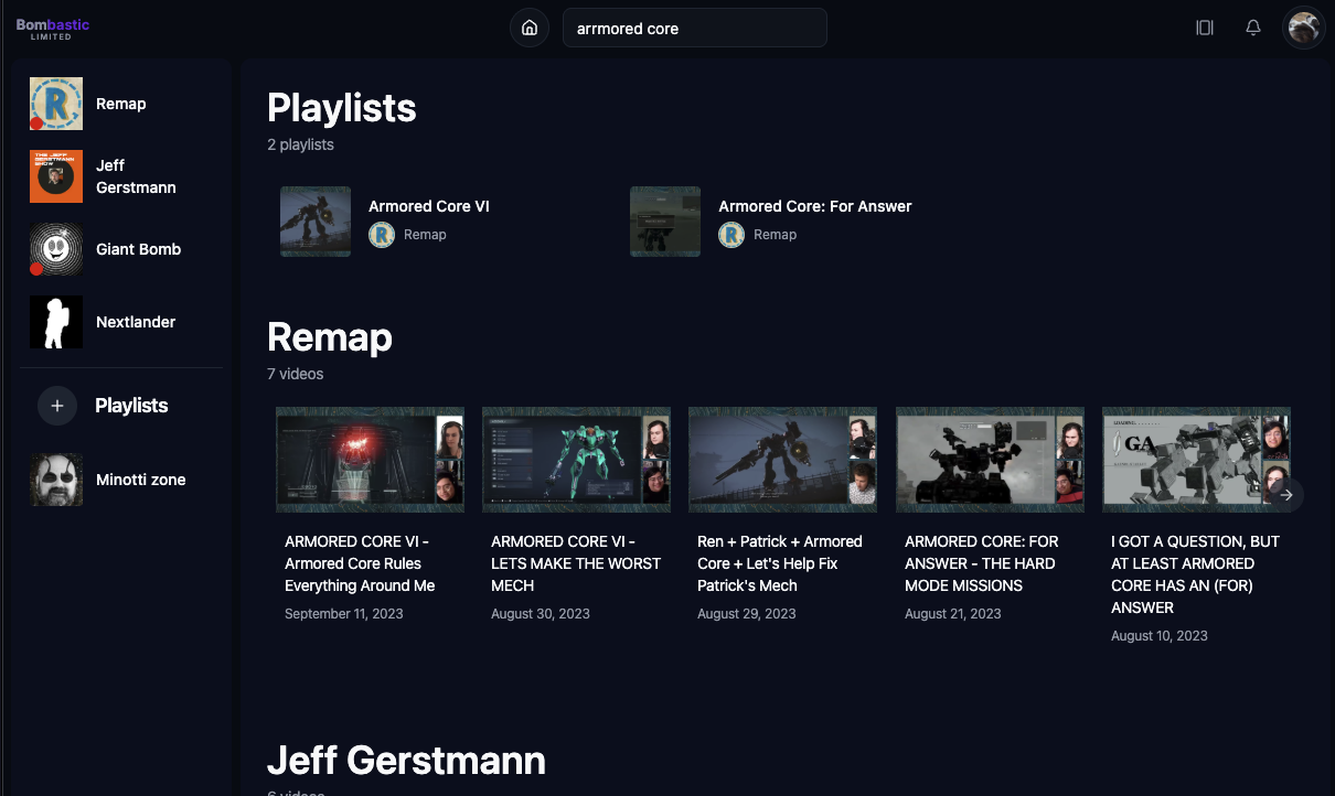Screenshot of searching for 'armored core' on Bombastic